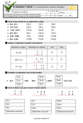 La soustraction des nombres décimaux - Examen Evaluation- Fiches QCM - Quiz  : 4eme Primaire - PDF à imprimer
