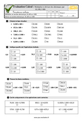 Multiplier et diviser des décimaux par 10,100 et 1000 - Examen Evaluation- Fiches QCM - Quiz  : 5eme Primaire - PDF à imprimer