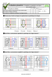 Compléter et reproduire une figure par symétrie axiale - Examen Evaluation- Fiches QCM - Quiz  : 3eme Primaire - PDF à imprimer