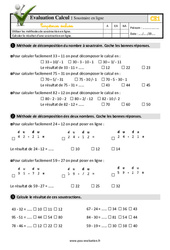 Soustraire en ligne - Examen Evaluation- Fiches QCM - Quiz : 2eme Primaire - PDF à imprimer
