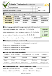 Les synonymes - Examen Evaluation- Fiches QCM - Quiz : 4eme Primaire - PDF à imprimer