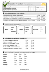 Les antonymes - Examen Evaluation- Fiches QCM - Quiz : 4eme Primaire - PDF à imprimer