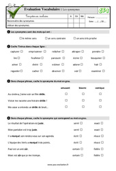 Les synonymes - Examen Evaluation- Fiches QCM - Quiz : 2eme Primaire - PDF à imprimer