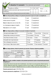 Les pronoms personnels - Examen Evaluation- Fiches QCM - Quiz : 4eme Primaire - PDF à imprimer
