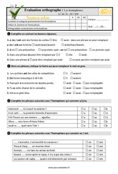 Les homophones  a / as / à - on / ont - Examen Evaluation- Fiches QCM - Quiz : 4eme Primaire - PDF à imprimer