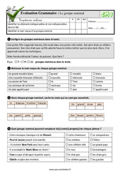 Le groupe nominal - Examen Evaluation- Fiches QCM - Quiz : 4eme Primaire - PDF à imprimer