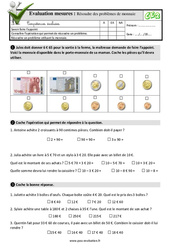 Résoudre des problèmes de monnaie - Examen Evaluation- Fiches QCM - Quiz  : 3eme Primaire - PDF à imprimer