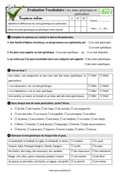 Les noms génériques et particuliers - Examen Evaluation- Fiches QCM - Quiz : 4eme Primaire - PDF à imprimer