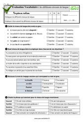 Les différents niveaux de langue - Examen Evaluation- Fiches QCM - Quiz : 4eme Primaire - PDF à imprimer