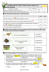 Diviser deux entiers avec quotient décimal - Examen Evaluation- Fiches QCM - Quiz  : 5eme Primaire - PDF à imprimer