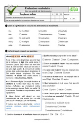 Lire un article de dictionnaire - Examen Evaluation- Fiches QCM - Quiz  : 5eme Primaire - PDF à imprimer