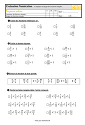 Comparer et ranger les fractions simples - Examen Evaluation- Fiches QCM - Quiz  : 5eme Primaire - PDF à imprimer