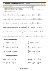Fractions et mesures - Examen Evaluation- Fiches QCM - Quiz  : 5eme Primaire - PDF à imprimer