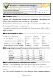 Les antonymes - Examen Evaluation- Fiches QCM - Quiz : 5eme Primaire - PDF à imprimer