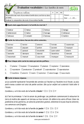 Les familles de mots - Examen Evaluation- Fiches QCM - Quiz  : 5eme Primaire - PDF à imprimer