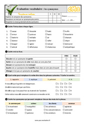 Les synonymes - Examen Evaluation- Fiches QCM - Quiz à imprimer : 3eme Primaire