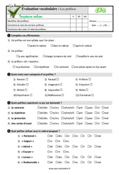 Les préfixes - Examen Evaluation- Fiches QCM - Quiz à imprimer : 3eme Primaire