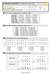 L’addition des nombres entiers - Examen Evaluation- Fiches QCM - Quiz  : 4eme Primaire - PDF à imprimer