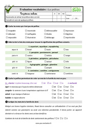 Les préfixes - Examen Evaluation- Fiches QCM - Quiz  : 5eme Primaire - PDF à imprimer