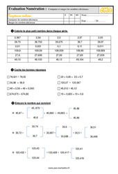 Comparer et ranger les nombres décimaux - Examen Evaluation- Fiches QCM - Quiz  : 5eme Primaire - PDF à imprimer