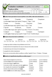 Le préfixes et les suffixes - Examen Evaluation- Fiches QCM - Quiz  : 5eme Primaire - PDF à imprimer