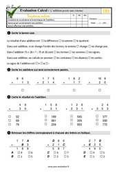 L'addition posée sans retenue - Examen Evaluation- Fiches QCM - Quiz  : 2eme Primaire - PDF à imprimer