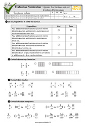 Ajouter des fractions qui ont le même dénominateur - Examen Evaluation- Fiches QCM - Quiz : 4eme Primaire