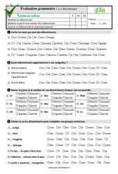 Les déterminants - Examen Evaluation- Fiches QCM - Quiz : 3eme Primaire - PDF à imprimer