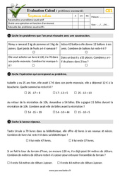Problèmes soustractifs - Examen Evaluation- Fiches QCM - Quiz : 2eme Primaire - PDF à imprimer