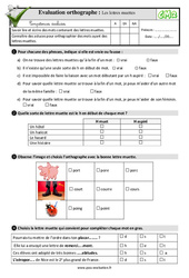 Les lettres muettes - Examen Evaluation- Fiches QCM - Quiz  : 5eme Primaire - PDF à imprimer