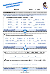Comparer et ranger des nombres entiers jusqu’à 9 999 - Examen Evaluation progressive  : 3eme Primaire - PDF à imprimer