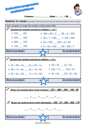 Comparer et ranger des nombres entiers jusqu’à 999 - Examen Evaluation progressive  : 3eme Primaire - PDF à imprimer