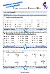 Diviser des nombres entiers par un nombre à un chiffre - Examen Evaluation progressive à imprimer : 3eme Primaire