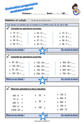 Diviser un nombre par un nombre à un chiffre et par 10, 25, 50 et 100 - Examen Evaluation progressive  : 3eme Primaire - PDF à imprimer