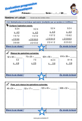 Multiplication et technique opératoire (multiplier par un nombre à 2 chiffres) - Examen Evaluation progressive  : 3eme Primaire - PDF à imprimer