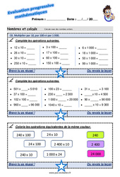 Multiplier par 10, par 100 et par 1 000 - Examen Evaluation progressive à imprimer : 3eme Primaire
