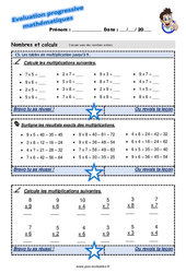 Les tables de multiplication jusqu’à 9 - Examen Evaluation progressive à imprimer : 3eme Primaire
