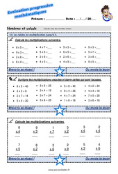 Les tables de multiplication jusqu’à 5 - Examen Evaluation progressive  : 3eme Primaire - PDF à imprimer