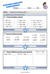 Additionner avec des nombres entiers - Examen Evaluation progressive : 4eme Primaire - PDF à imprimer
