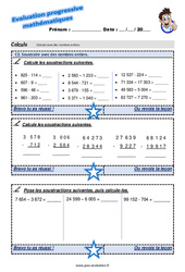 Soustraire avec des nombres entiers - Examen Evaluation progressive : 4eme Primaire - PDF à imprimer