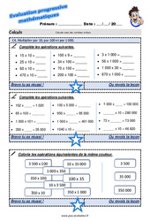 Multiplier par 10, par 100 et par 1 000 - Examen Evaluation progressive : 4eme Primaire - PDF à imprimer