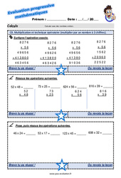 Multiplication et technique opératoire (multiplier par un nombre à 2 chiffres) - Examen Evaluation progressive : 4eme Primaire - PDF à imprimer