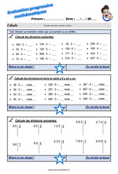Diviser un nombre entier par un nombre à un chiffre - Examen Evaluation progressive : 4eme Primaire - PDF à imprimer