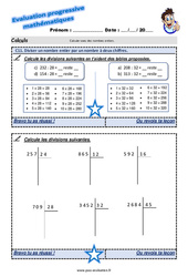 Diviser un nombre entier par un nombre à deux chiffres - Examen Evaluation progressive : 4eme Primaire - PDF à imprimer