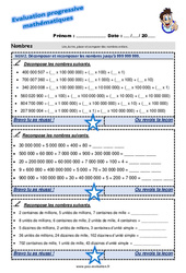 Décomposer et recomposer les nombres jusqu’à 999 999 999 - Examen Evaluation progressive : 4eme Primaire - PDF à imprimer