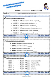 Différencier chiffres et nombres nombres jusqu’à 999 999 - Examen Evaluation progressive : 5eme Primaire - PDF à imprimer