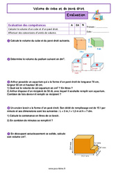 Volume du cube et du pavé droit - Examen Evaluation de géométrie pour la  : 6eme Primaire - PDF à imprimer