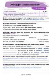 Les accords sujet - verbe - Examen Evaluation avec la correction : 1ere Secondaire - PDF à imprimer