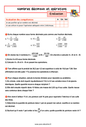 Nombres décimaux et opérations - Examen Evaluation avec la correction : 1ere Secondaire - PDF à imprimer