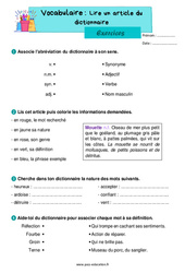 Lire un article dictionnaire - Exercices de vocabulaire : 2eme Primaire - PDF à imprimer